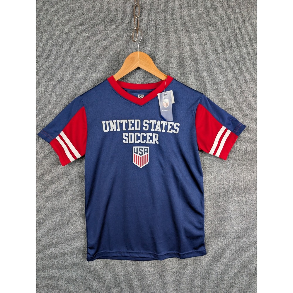 U.S. Soccer Boys Jersey Navy Blue Red White Crest Logo Shirt Large 12/14 NWT